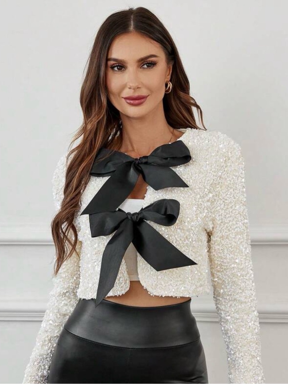 Commense White Sequin Cropped Jacket with Black Bow Details - Picture 1 of 7